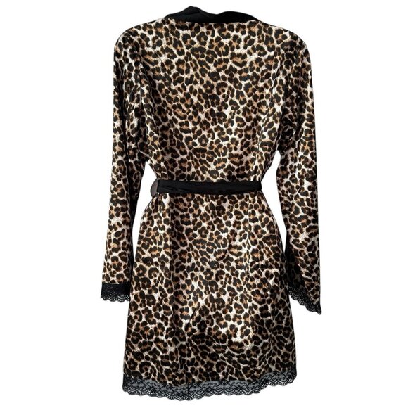 New Leopard Print Robe Womens Medium Long Sleeve Black Lace Trim Satin Mob Wife - Picture 3 of 14